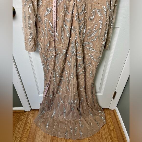 Mac Duggal Cream Silver Beaded Illusion Yoke Long Sleeve Evening #5124 Gown 10 - Picture 7 of 10